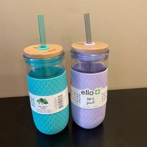 Ello 18 oz Glass Tumbler With Lid and Straw 2-Pc Set.  Silicone Sleeve. New